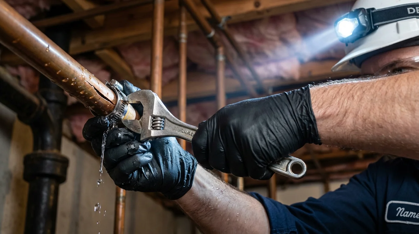 Emergency pipe clamp repair being performed by a Johns Plumbing LLC plumber in Dubuque