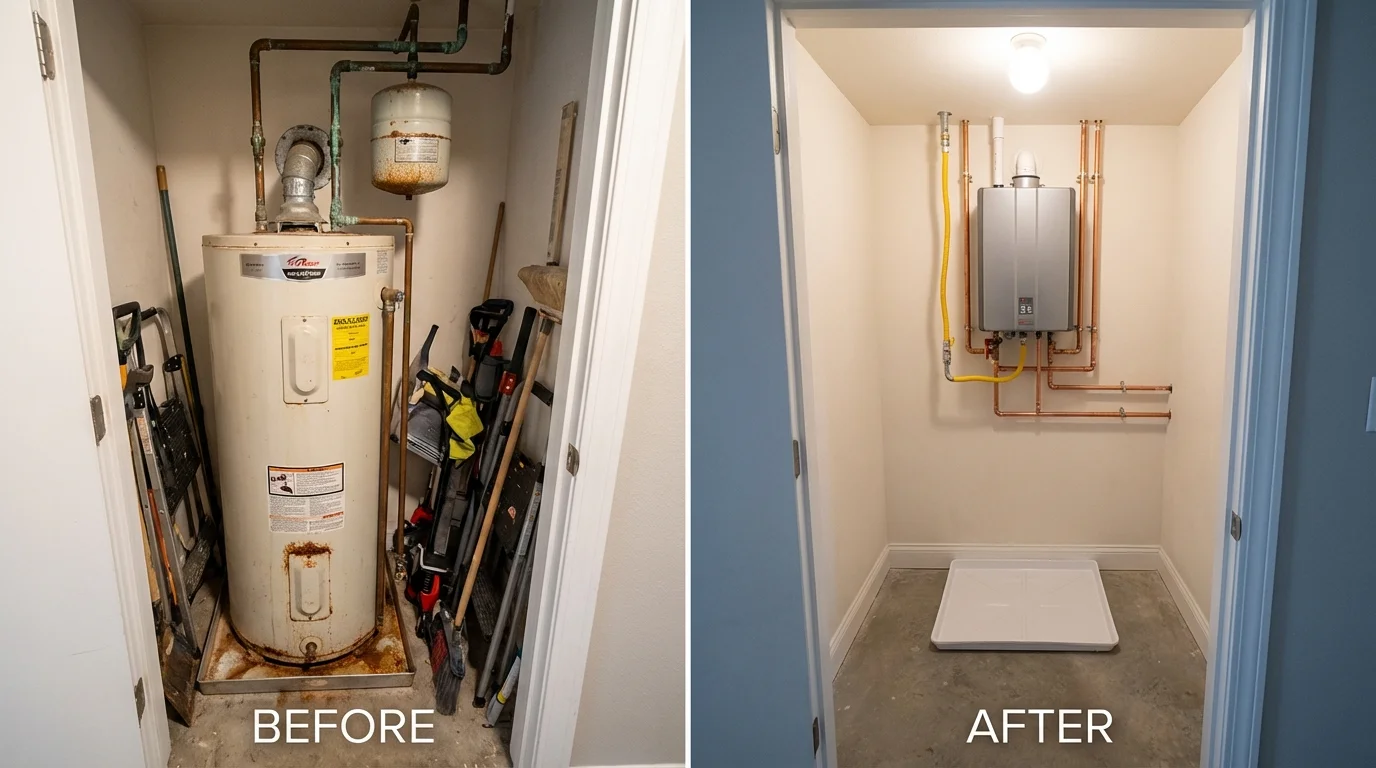 Tank water heater versus wall-mounted tankless unit comparison for Dubuque, IA homeowners