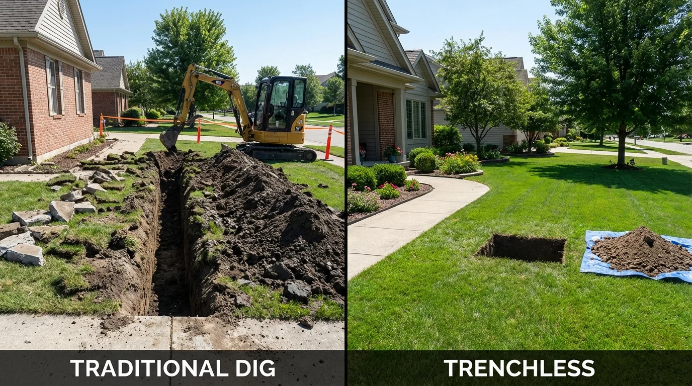 Trenchless sewer repair with minimal yard damage versus traditional excavation in Dubuque, IA