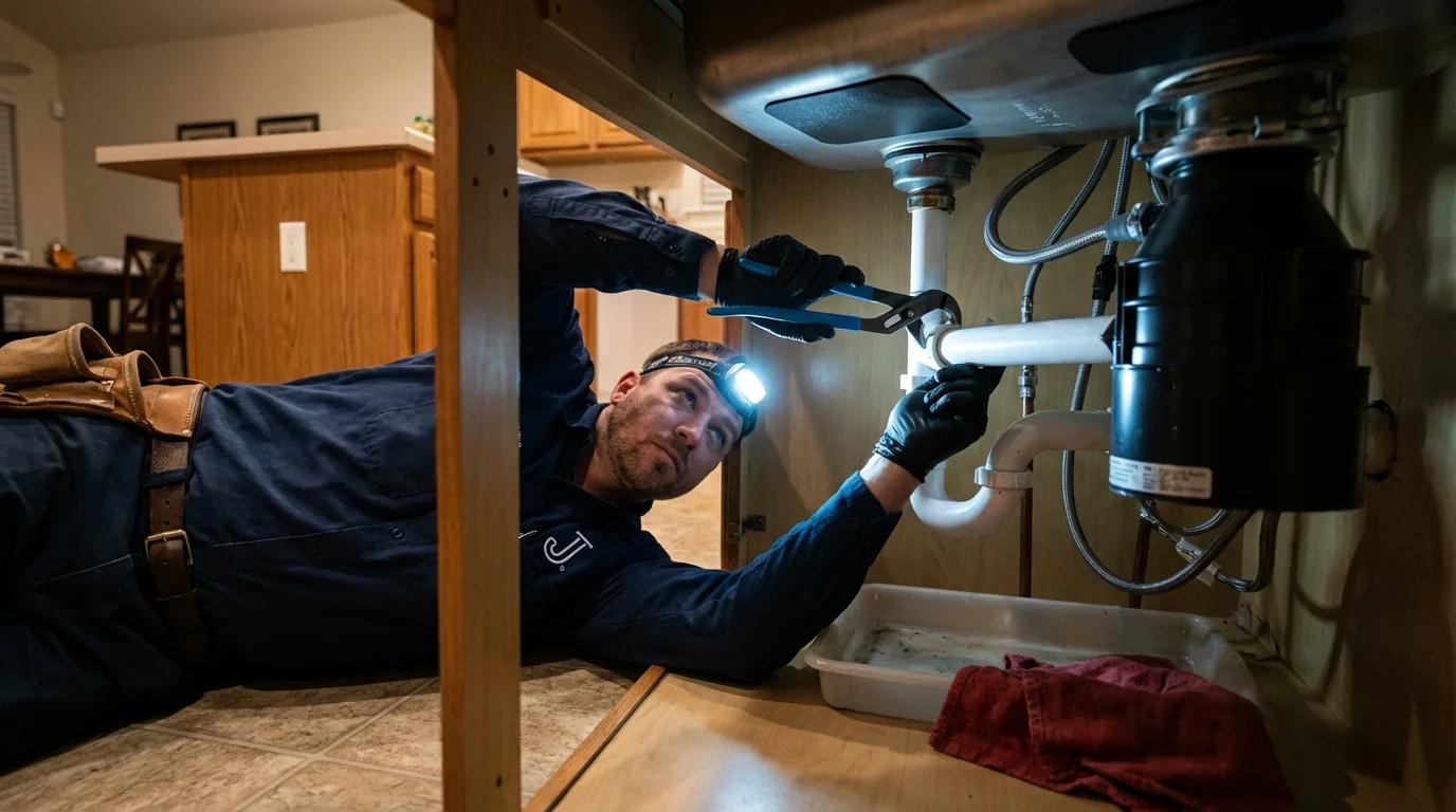 P-trap and supply line connections under a kitchen sink showing a common leak point in Dubuque, IA